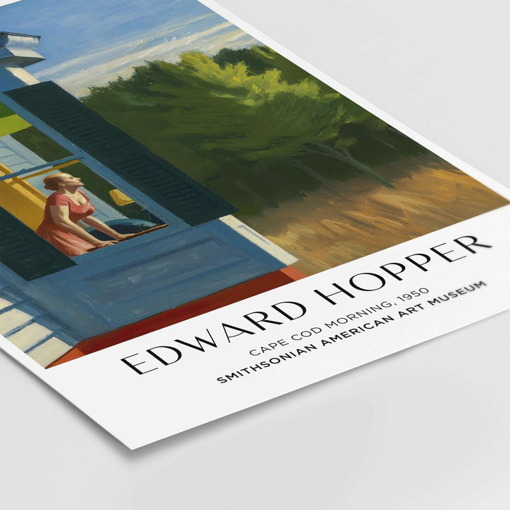 Edward Hopper's Cape Cod Morning 1950 art print poster featuring a woman by a sunlit window, showcasing American Realism.