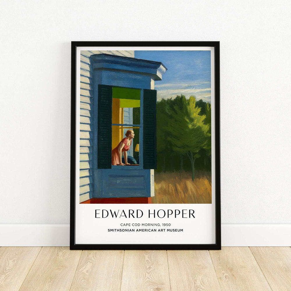 Edward Hopper Cape Cod Morning 1950 art print poster showcasing a woman by a sunlit window, American Realism inspired.