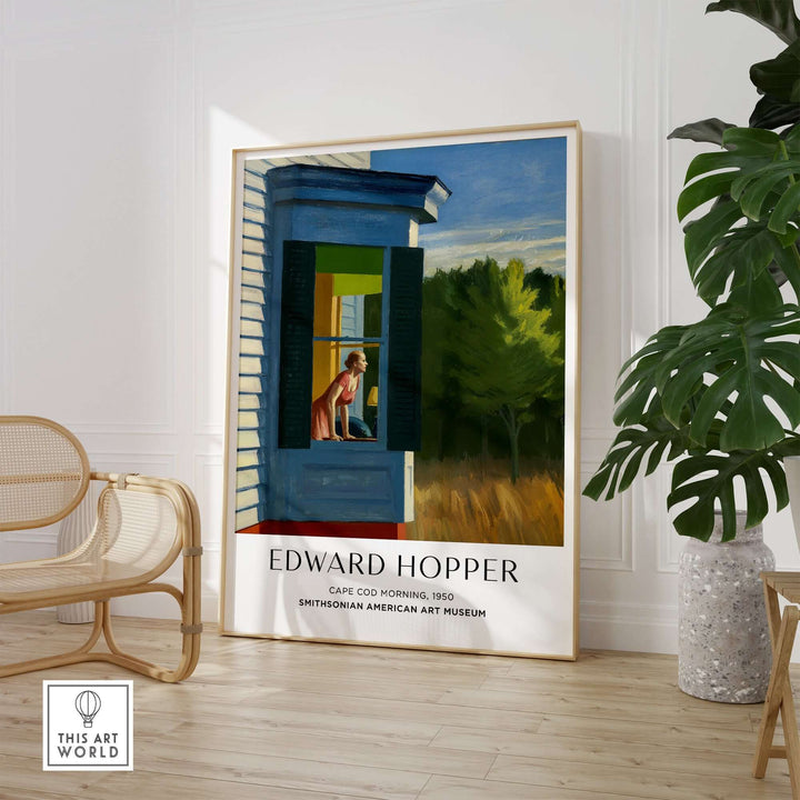 Edward Hopper's Cape Cod Morning (1950) art print poster in a modern interior setting.