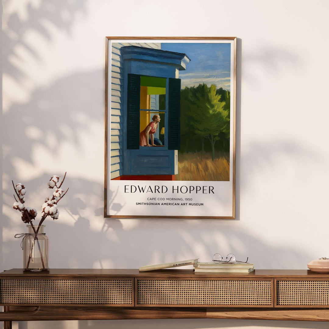 Edward Hopper Cape Cod Morning 1950 art print poster displayed in a modern interior setting.