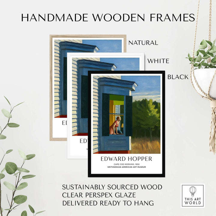 Handmade wooden frames for Edward Hopper Cape Cod Morning art print in natural, white, and black options.