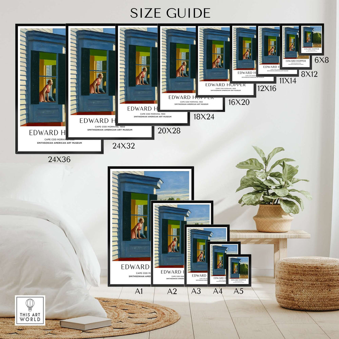 Size guide for Edward Hopper Cape Cod Morning art print poster in multiple dimensions.