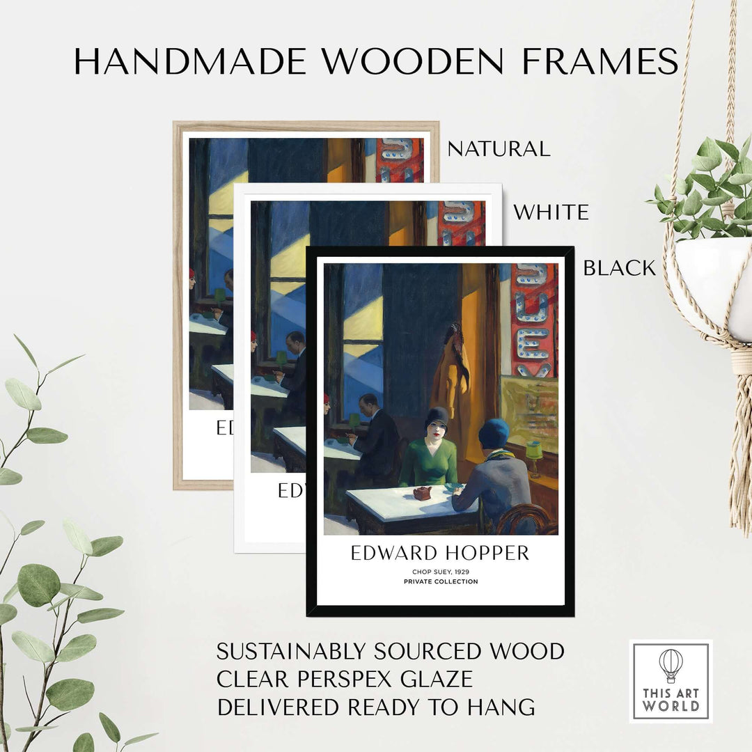 Handmade wooden frames for Edward Hopper Chop Suey art prints in natural, white, and black finishes.