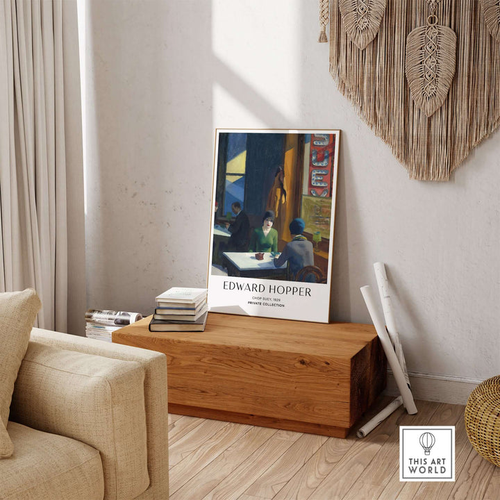 Edward Hopper Chop Suey 1929 art print poster displayed in a modern living room setting.