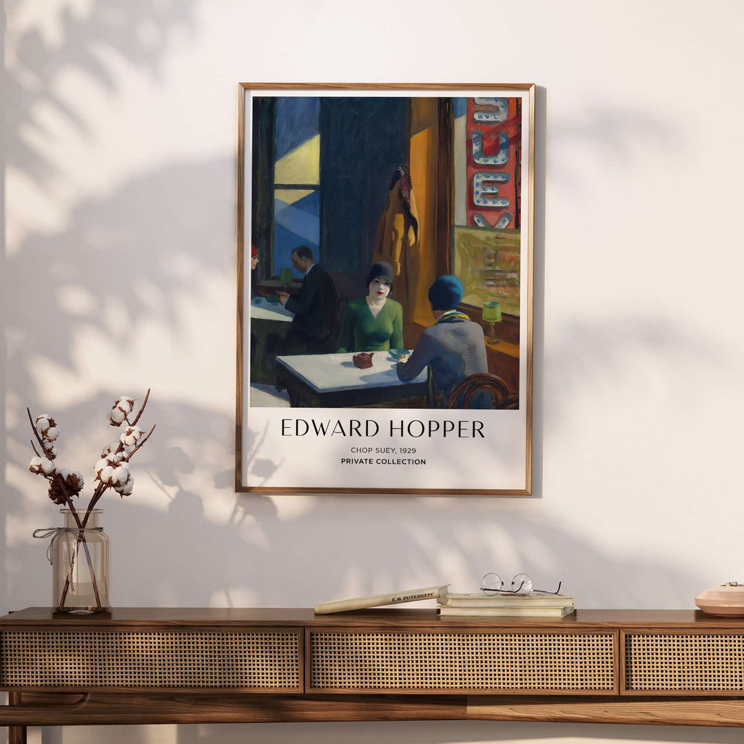 Edward Hopper Chop Suey 1929 art print poster showing two women in a restaurant, capturing urban life emotions.