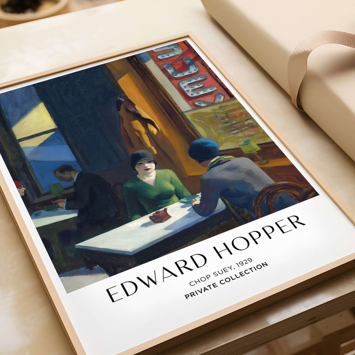 Edward Hopper Chop Suey 1929 art print poster showcasing an urban restaurant scene with two women.