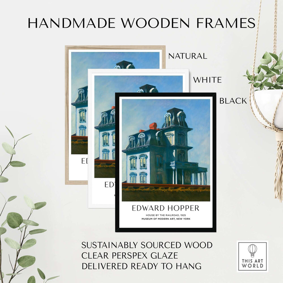 Handmade wooden frames in natural, white, and black for Edward Hopper art print, sustainably sourced and ready to hang.