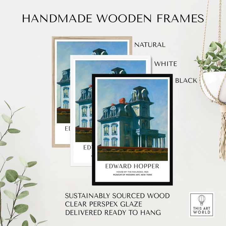 Handmade wooden frames in natural, white, and black for Edward Hopper art print, sustainably sourced and ready to hang.