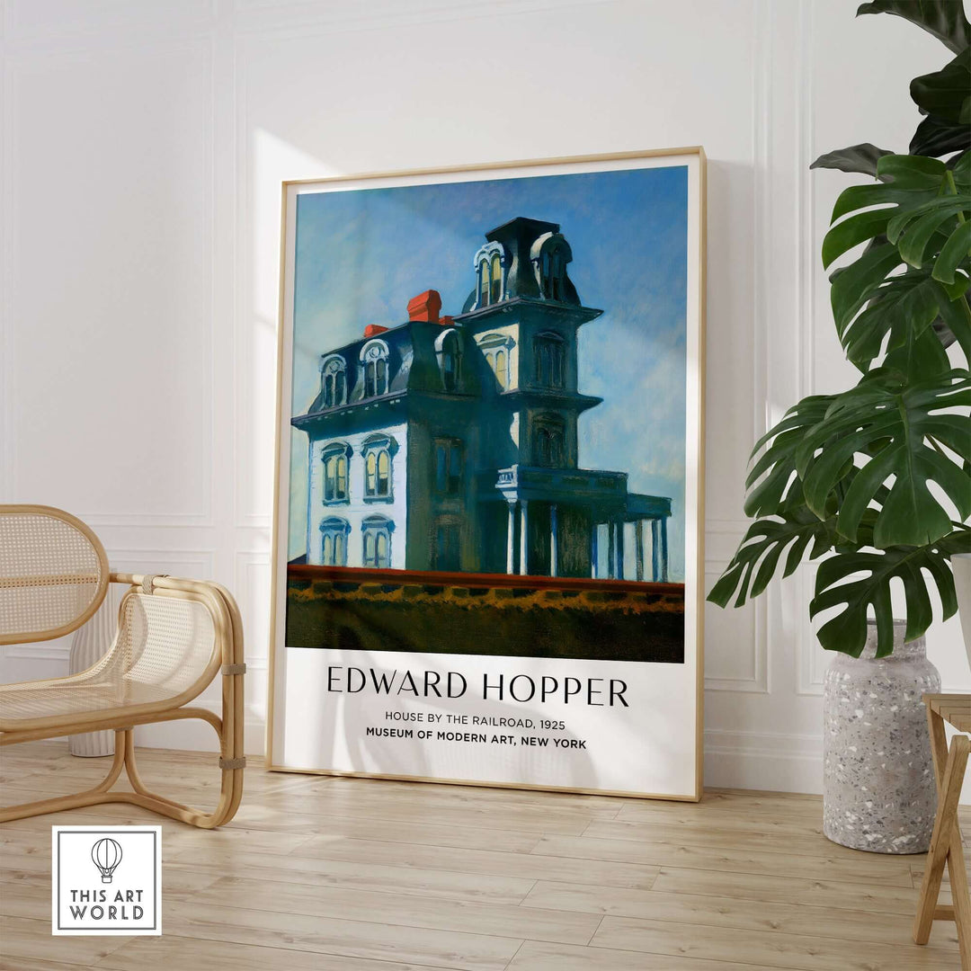 Edward Hopper House by the Railroad 1925 art print poster displayed in a stylish interior.