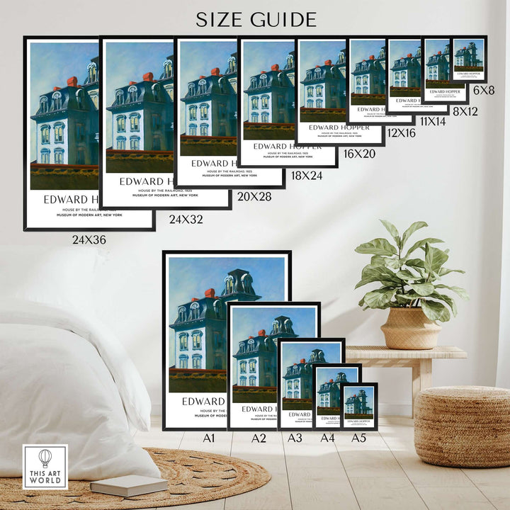 Size guide for Edward Hopper House by the Railroad art print poster in various dimensions.