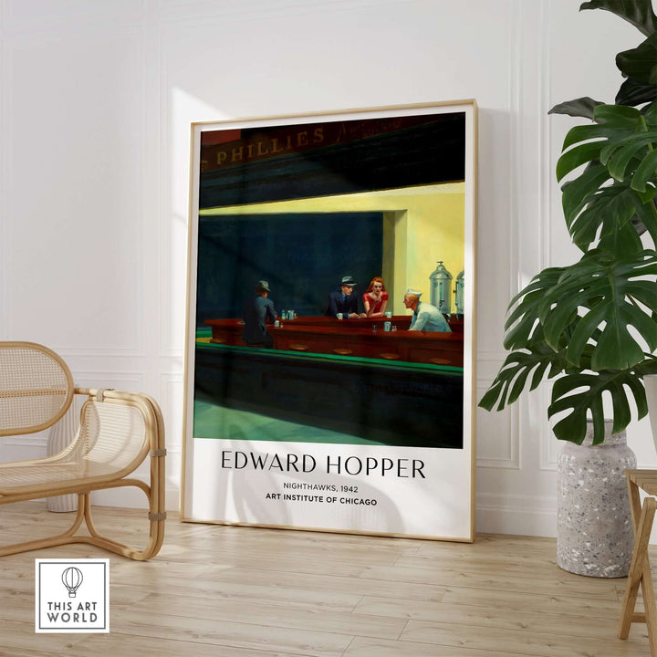 Edward Hopper Nighthawks 1942 art print poster displayed in a modern interior setting.