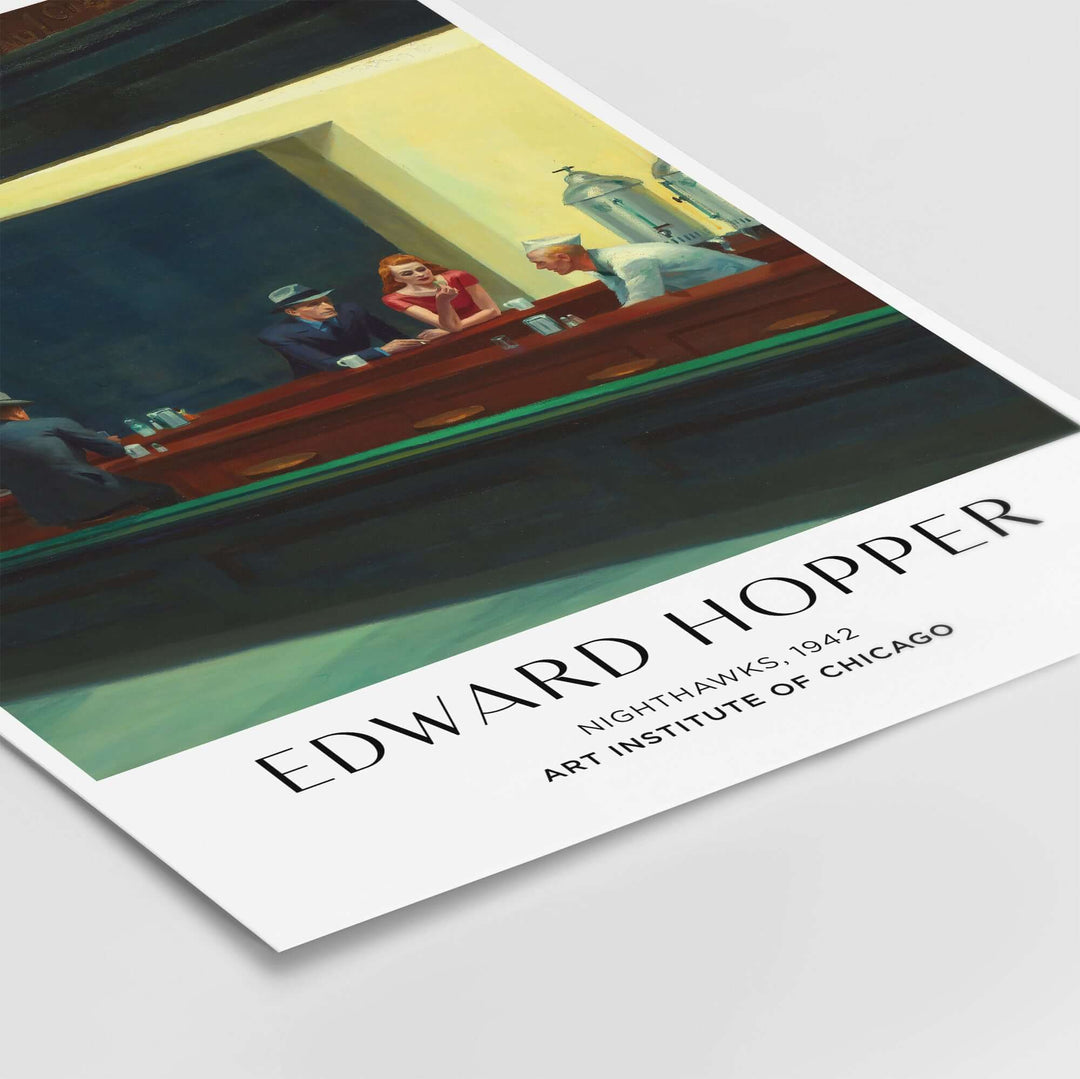 Edward Hopper Nighthawks 1942 art print featuring a late-night diner scene, displayed with title and Art Institute of Chicago logo.