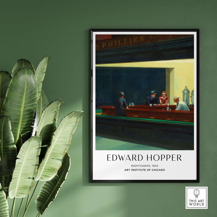 Edward Hopper Nighthawks 1942 art print poster featuring a diner scene, displayed against a green wall.