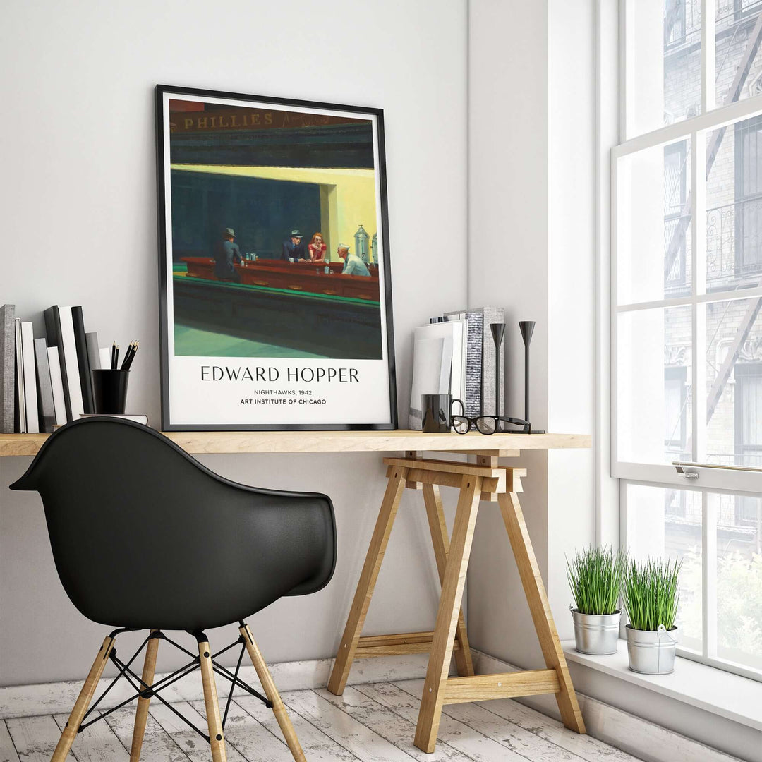 Edward Hopper Nighthawks print in a modern home office setting with a stylish desk and chair.