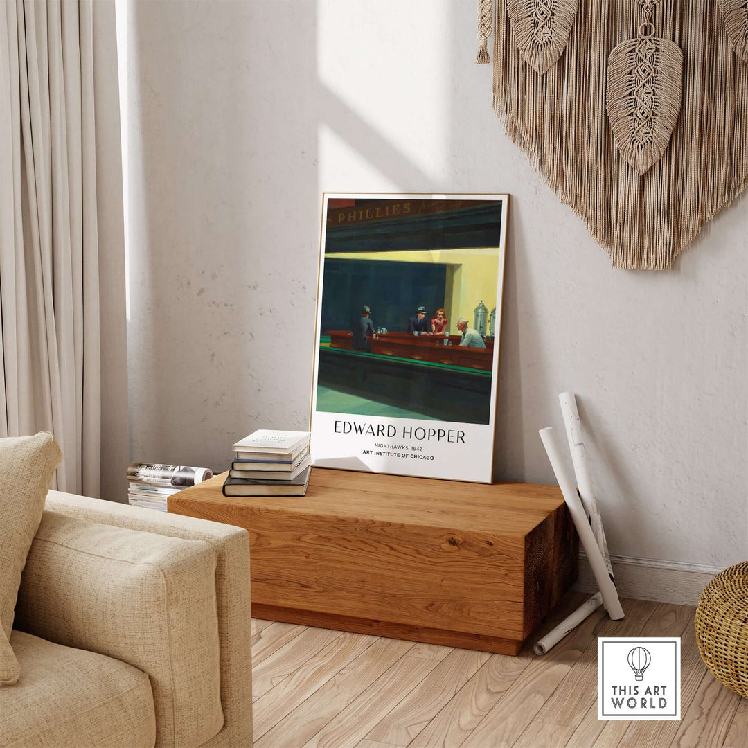 Edward Hopper Nighthawks 1942 art print displayed in a cozy living room setting with wooden furniture.