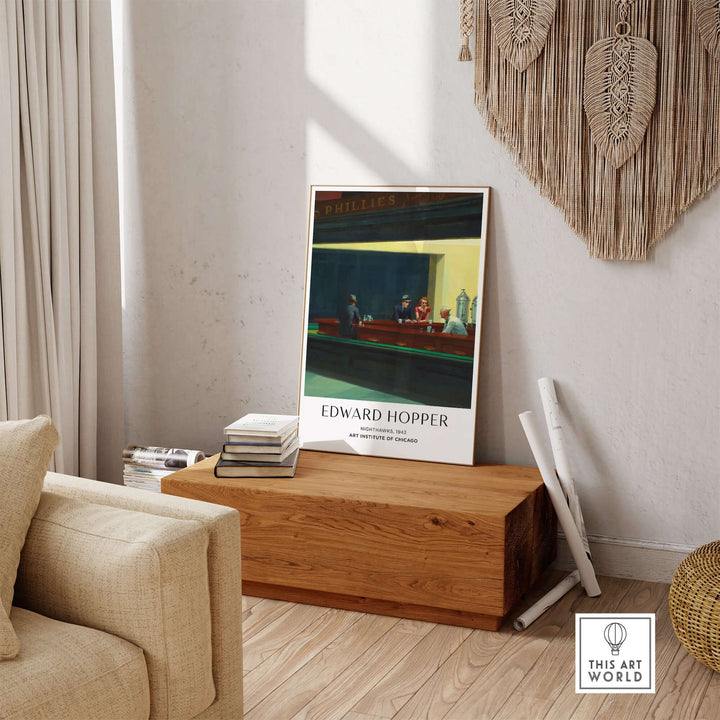 Edward Hopper Nighthawks 1942 art print displayed in a cozy living room setting with wooden furniture.