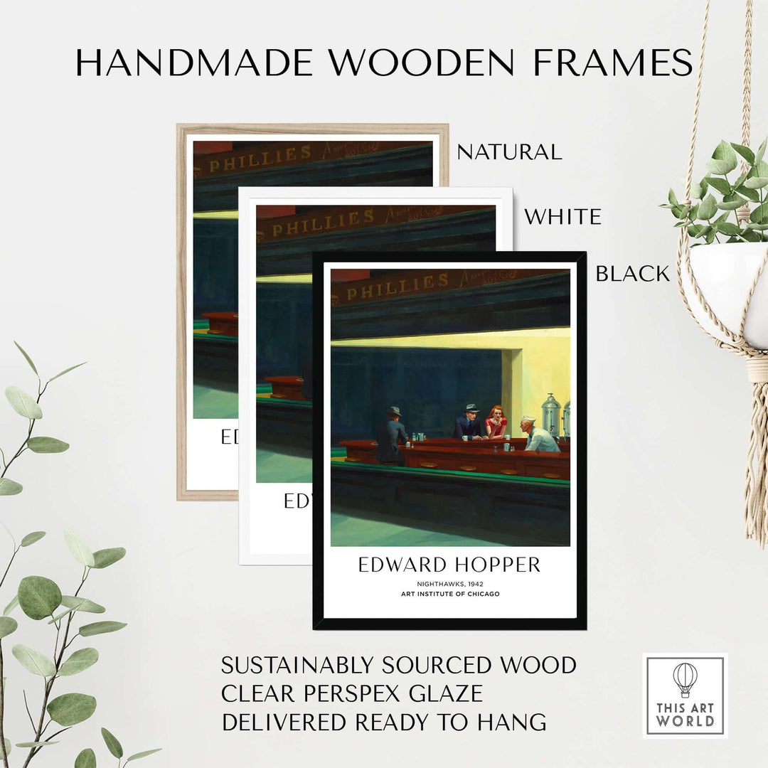 Handmade wooden frames for Edward Hopper Nighthawks print in natural, white, and black colors, sustainably sourced wood.