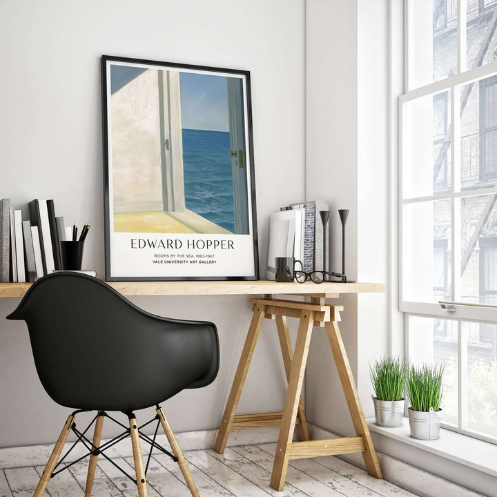 Edward Hopper Rooms by the Sea 1951 art print poster displayed in a stylish home office setting.