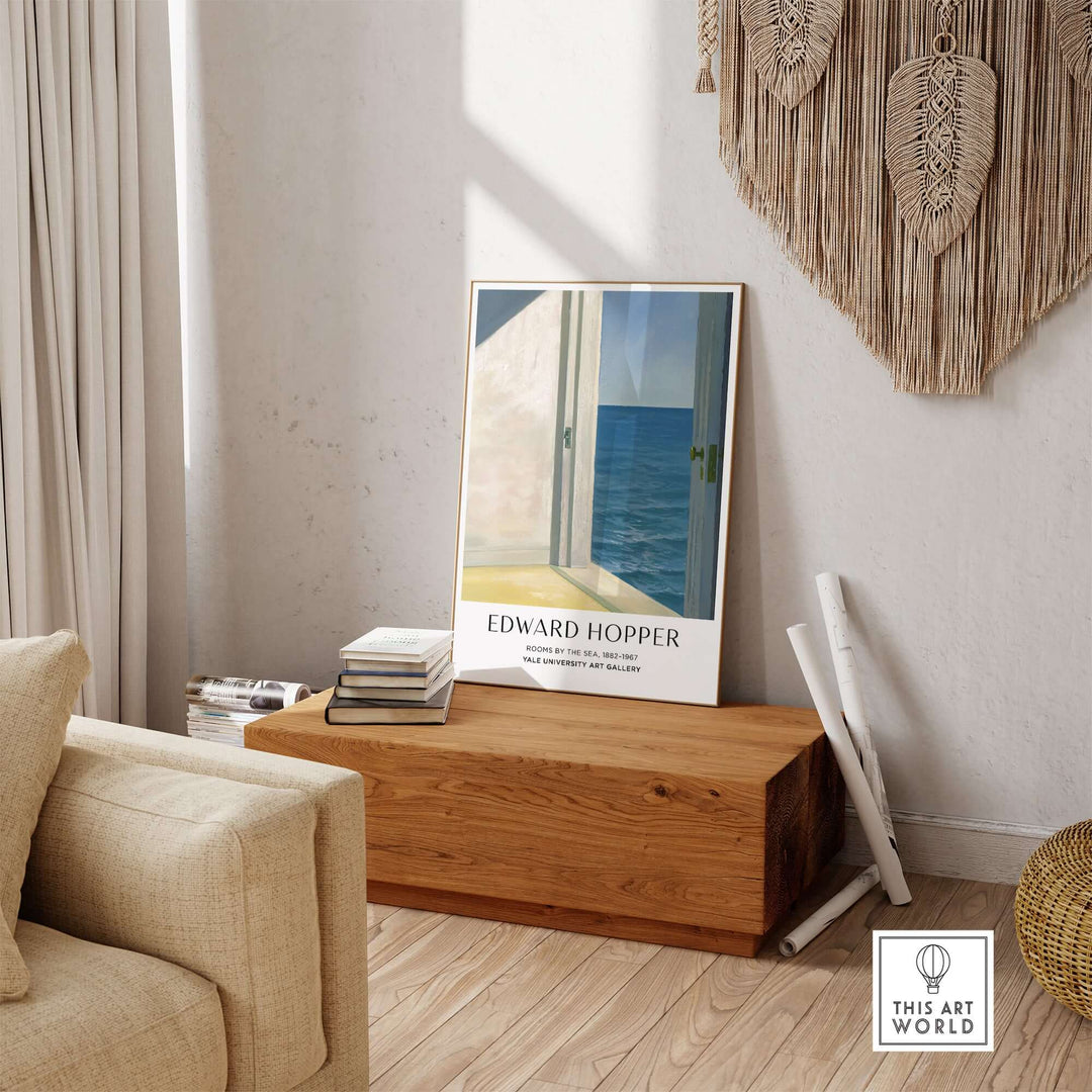Edward Hopper Rooms by the Sea 1951 art print poster displayed in a modern, sunlit living room.