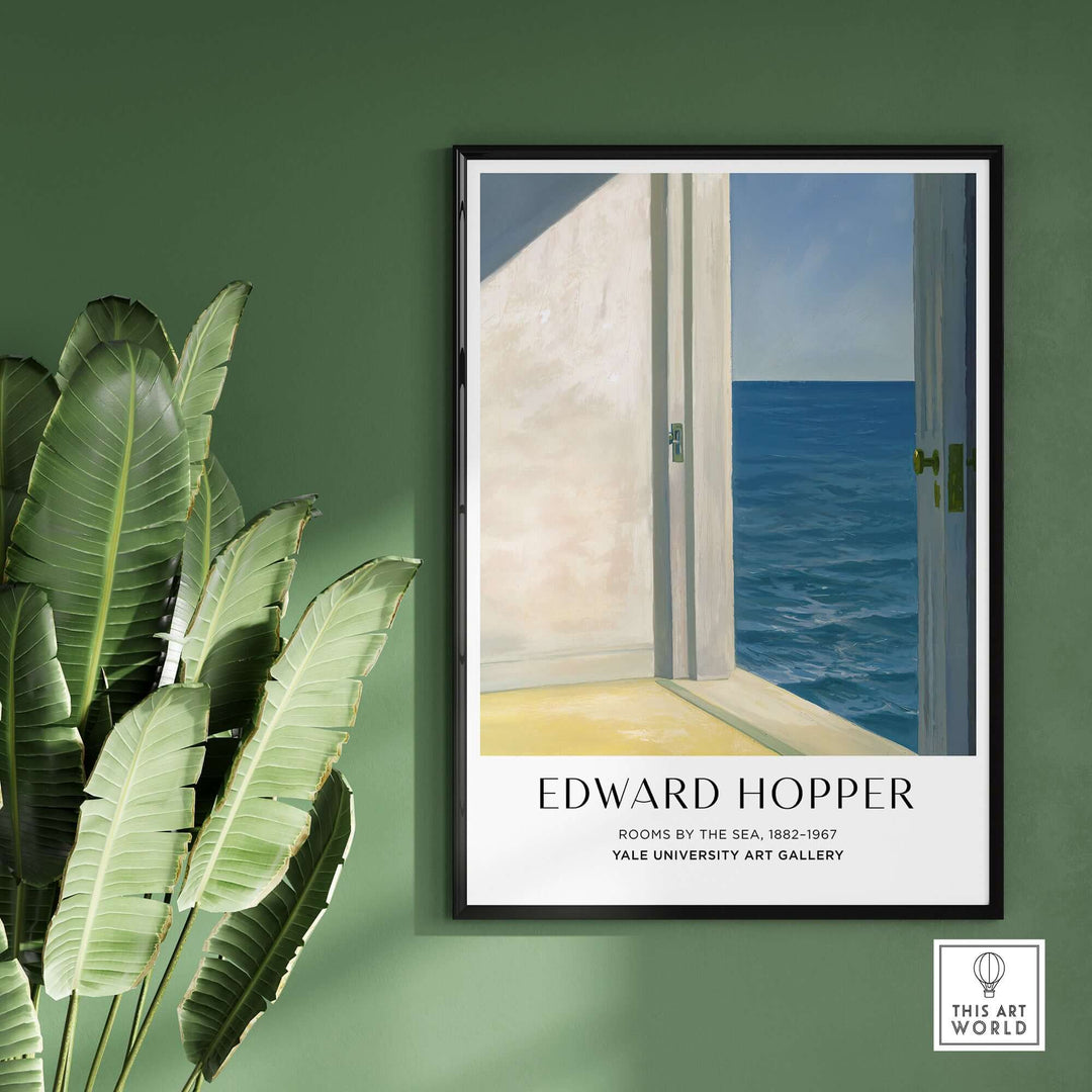 Edward Hopper Rooms by the Sea 1951 art print poster framed on a green wall with tropical plant.
