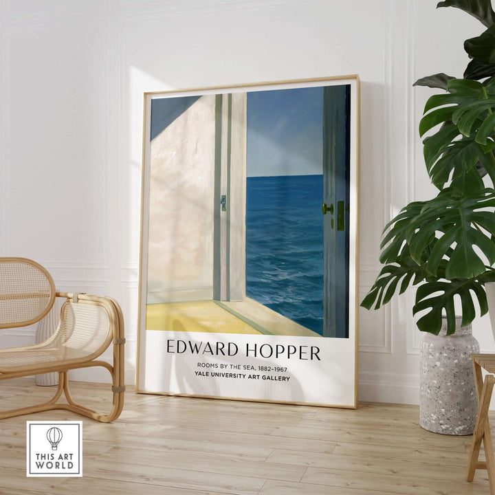 Edward Hopper Rooms by the Sea 1951 art print poster displayed in a stylish interior with ocean view.