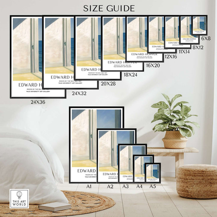 Size guide for Edward Hopper Rooms by the Sea art prints, showcasing various dimensions for optimal display options.