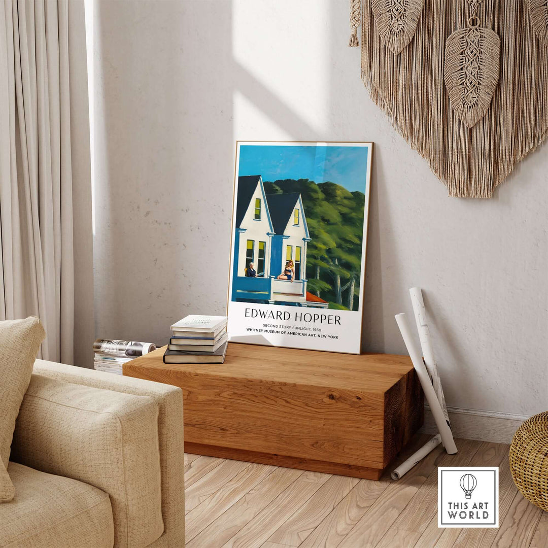 Edward Hopper Second Story Sunlight art print displayed in stylish living room decor