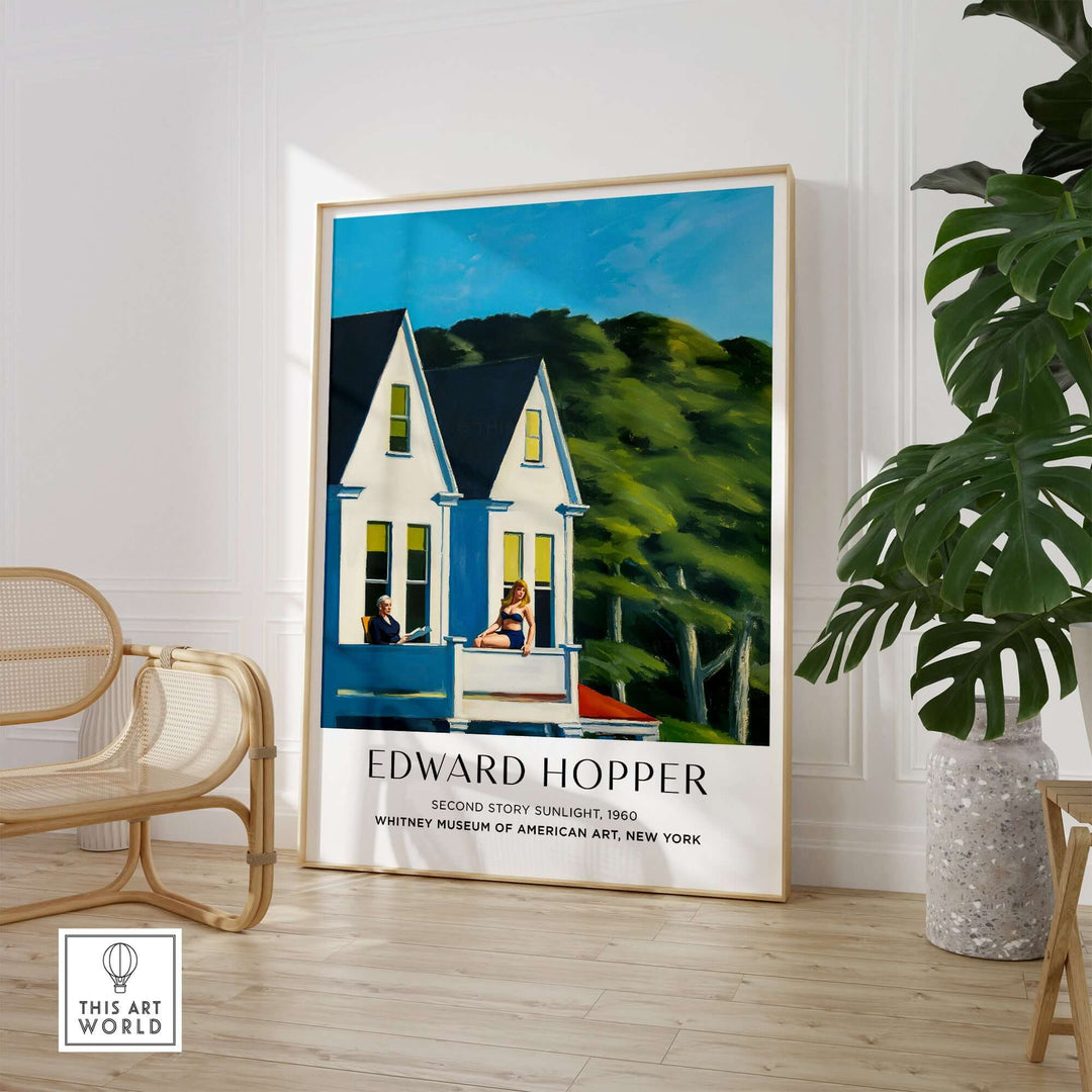 Edward Hopper Second Story Sunlight 1960 art print displayed in a modern interior, emphasizing vibrant colors and themes.