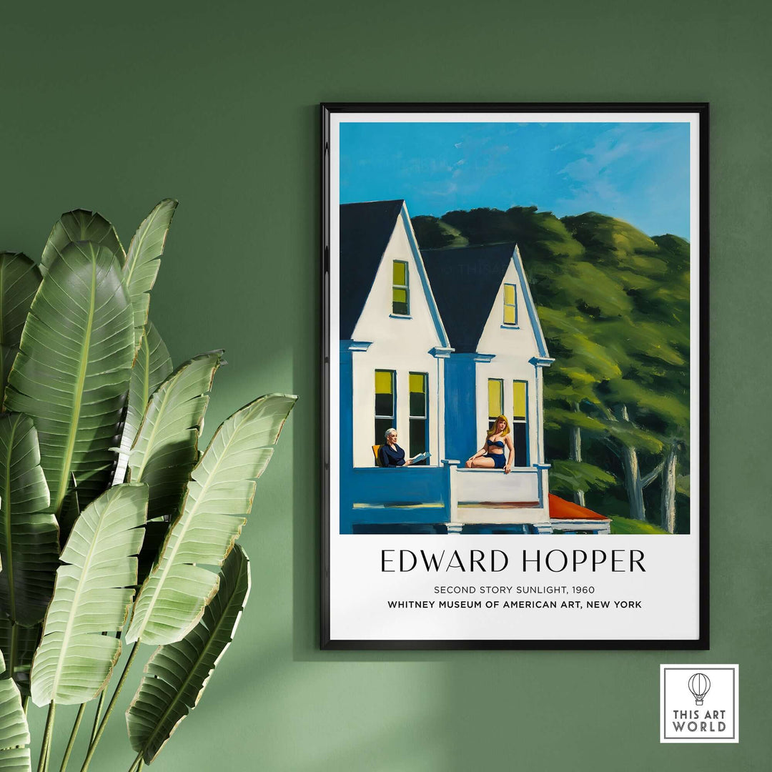 Edward Hopper Second Story Sunlight 1960 art print displayed on a wall with greenery background.