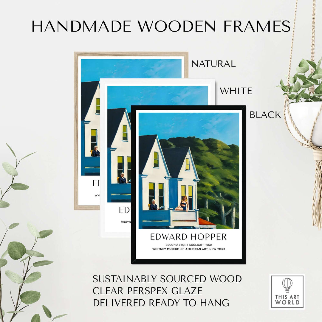 Handmade wooden frames in natural, white, and black for Edward Hopper's Second Story Sunlight art print, sustainably sourced wood.