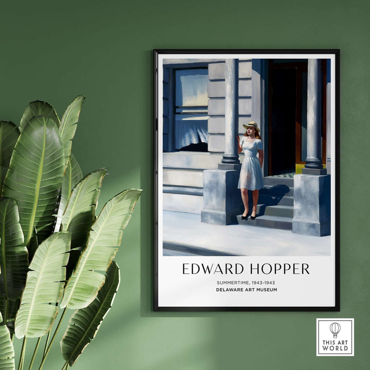 Edward Hopper Summertime 1943 art print, depicting a woman in sunlight on city steps, showcased in a modern interior.