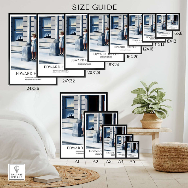 Size guide for Edward Hopper Summertime art print, showcasing various frame sizes for optimal display.