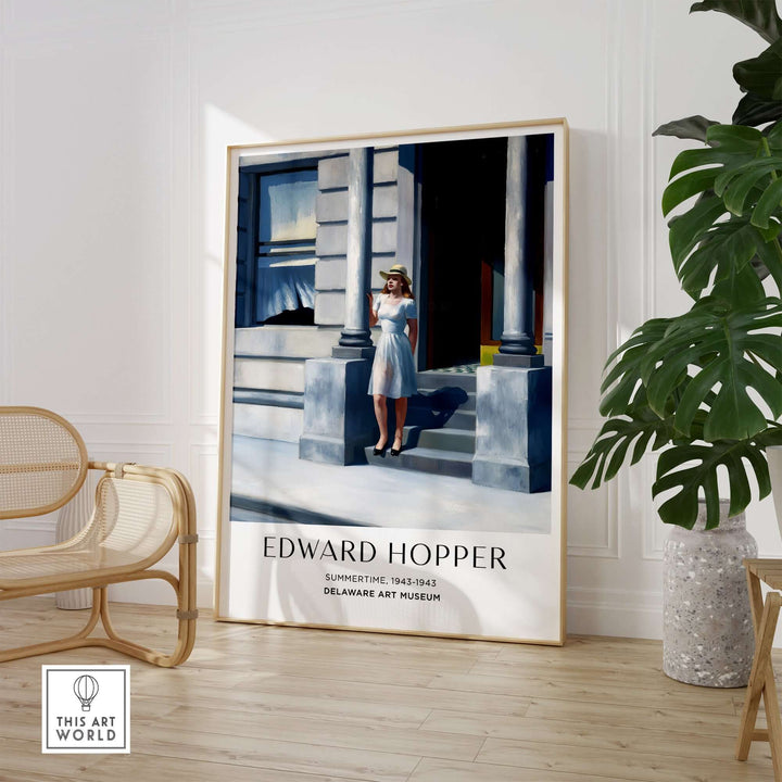 Edward Hopper 1943 Summertime art print in a stylish interior with woman on steps.