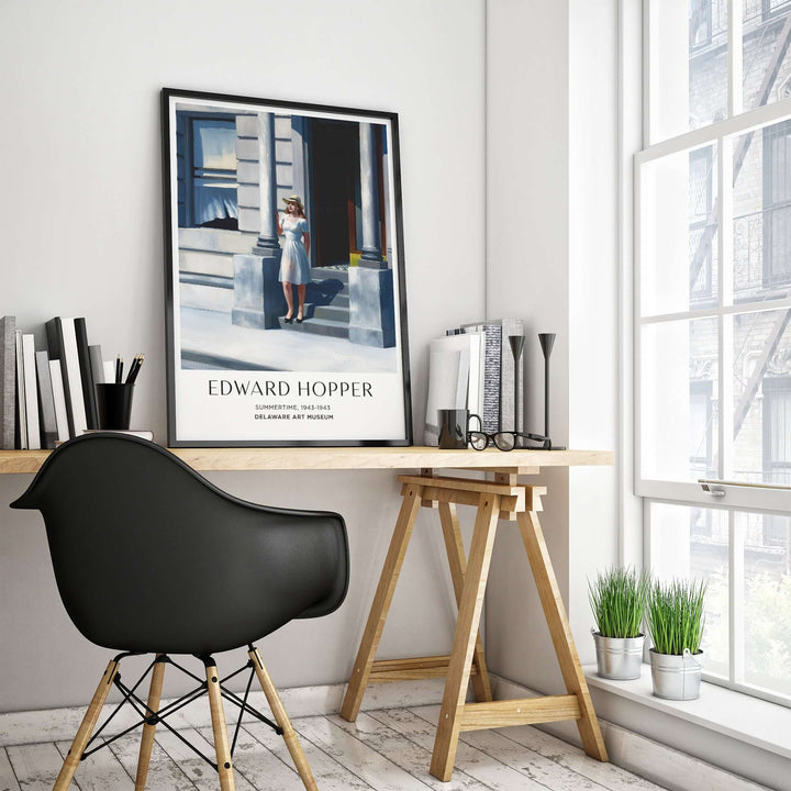 Edward Hopper Summertime 1943 art print displayed in a stylish home office with modern decor.