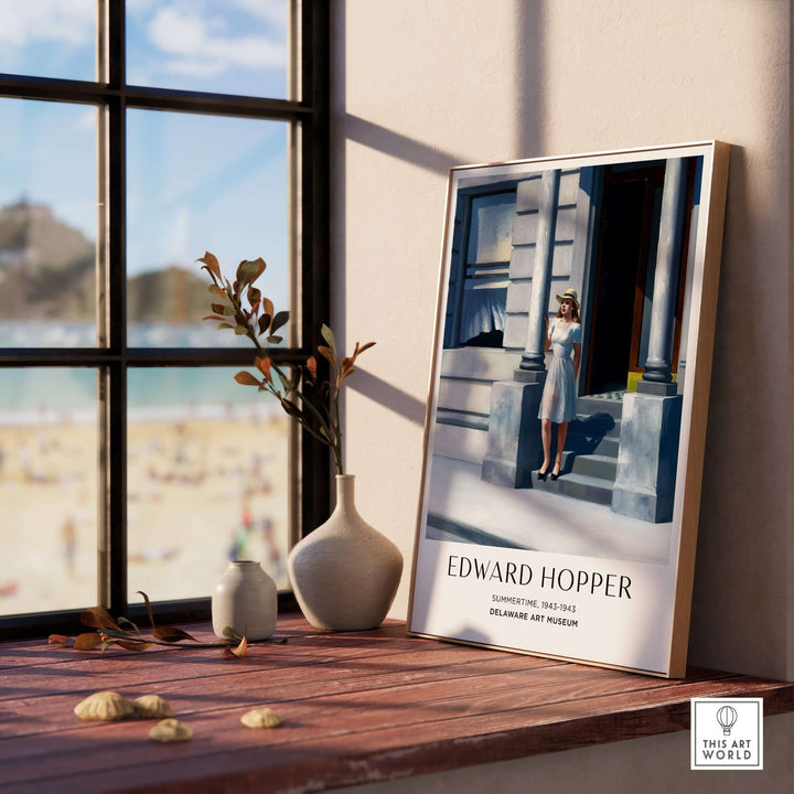 Edward Hopper Summertime 1943 art print displayed by a window, highlighting urban life and sunlight.