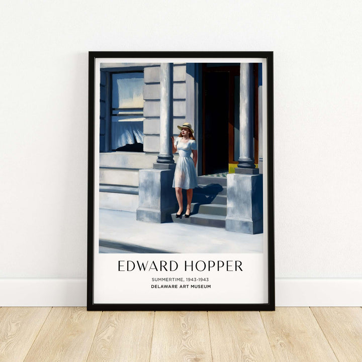 Edward Hopper Summertime 1943 art print featuring a woman in a white dress on city steps, Delaware Art Museum.
