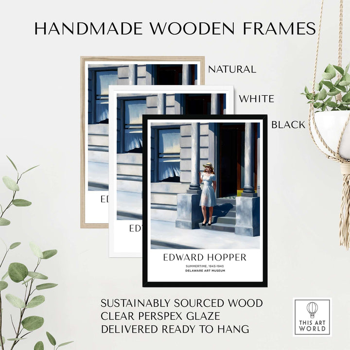 Handmade wooden frames for Edward Hopper's Summertime art print in natural, white, and black finishes.