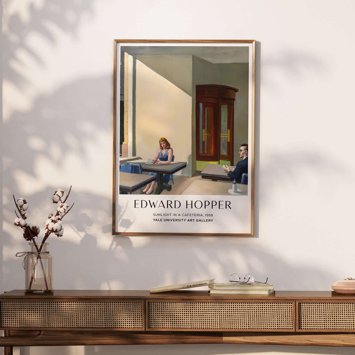 Edward Hopper's Sunlight in a Cafeteria 1958 print, featuring urban solitude and afternoon light.