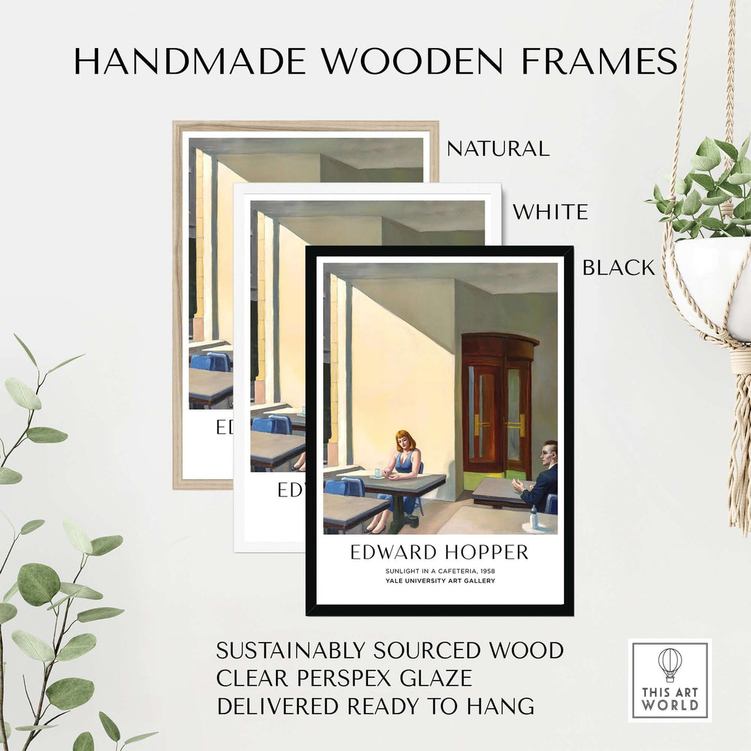 Handmade wooden frames in natural, white, and black for Edward Hopper's Sunlight in a Cafeteria print.