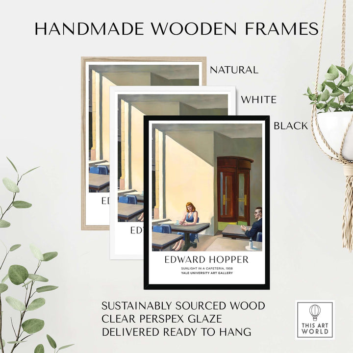 Handmade wooden frames in natural, white, and black for Edward Hopper's Sunlight in a Cafeteria print.