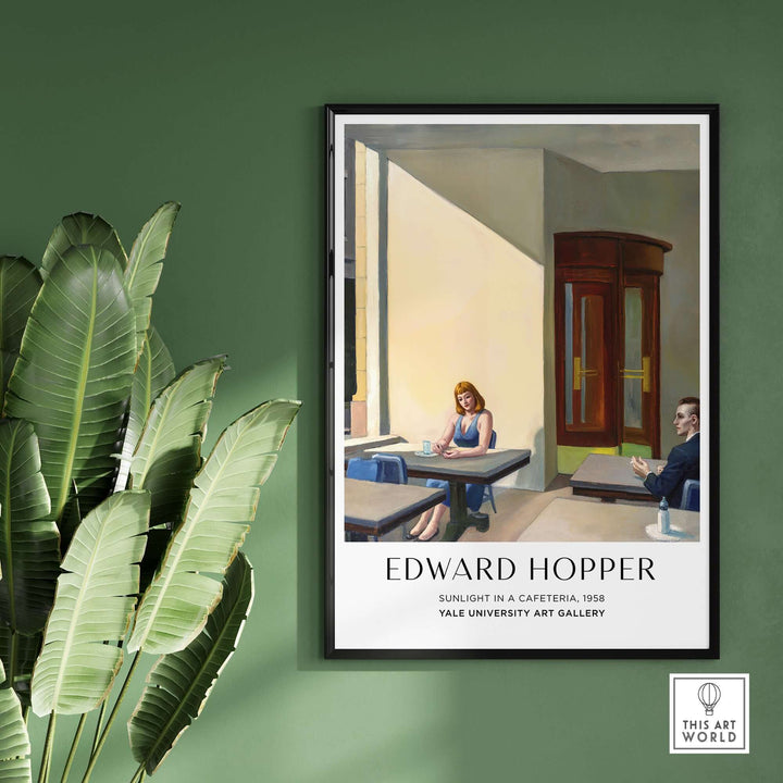 Edward Hopper's 1958 painting 'Sunlight in a Cafeteria' print in a framed display on a green wall.
