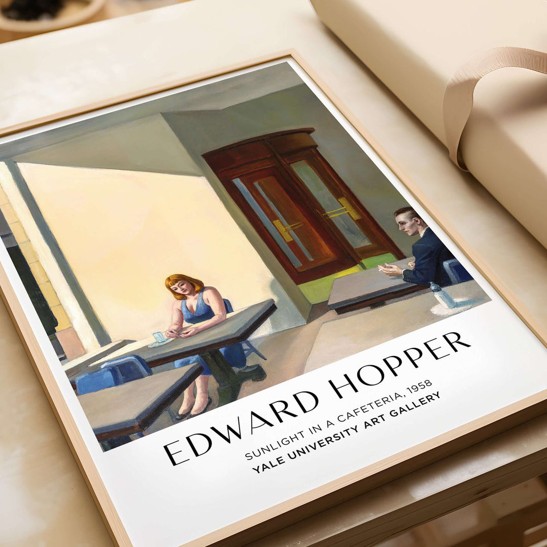 Edward Hopper Sunlight in a Cafeteria 1958 print featuring urban solitude and afternoon light.