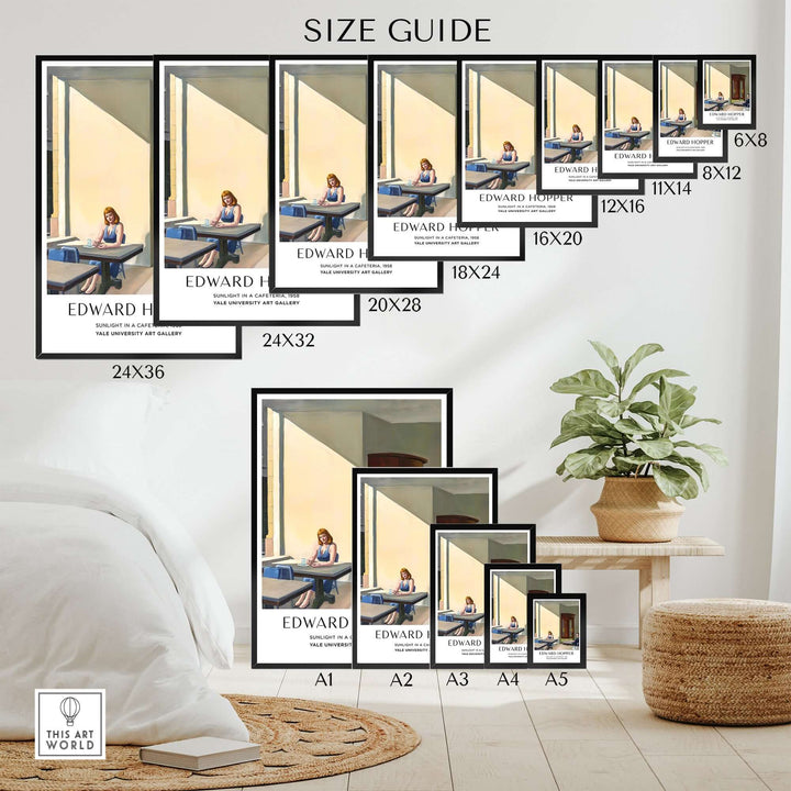 Size guide for Edward Hopper Sunlight in a Cafeteria art print, showcasing various frame sizes.