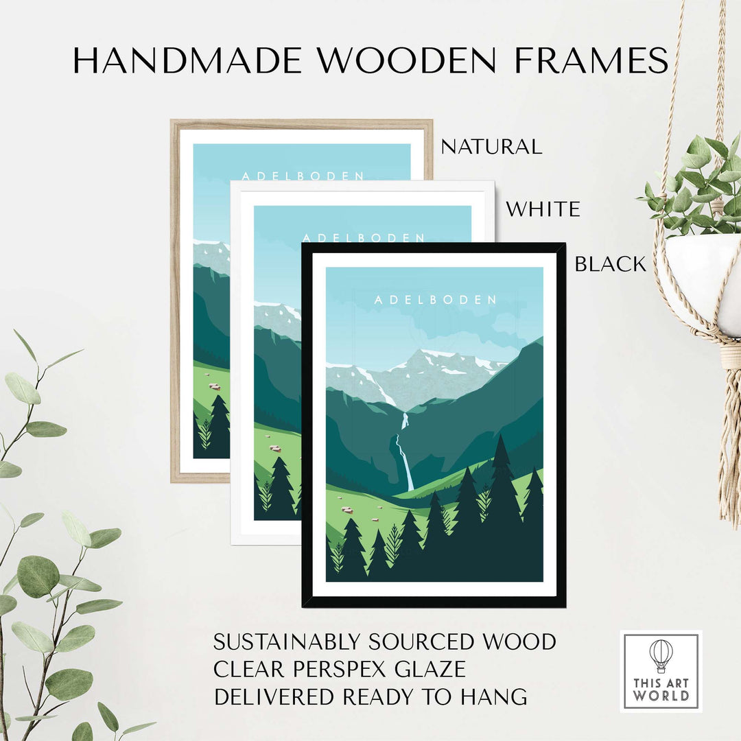 Handmade wooden frames in natural, white, and black, surrounding an Adelboden travel poster print.
