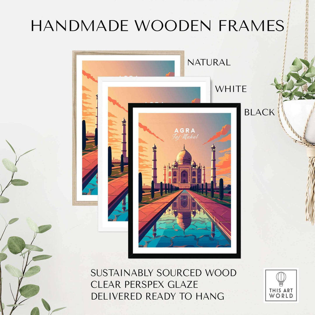 Handmade wooden frames in natural, white, and black for showcasing Taj Mahal Agra wall art, ready to hang.