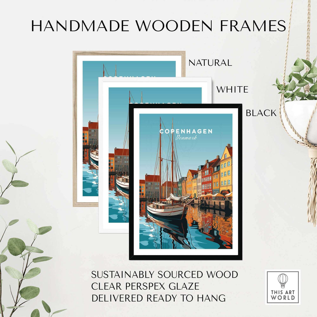 Handmade wooden frames in natural, white, and black for Copenhagen travel poster print, ready to hang and sustainably sourced.