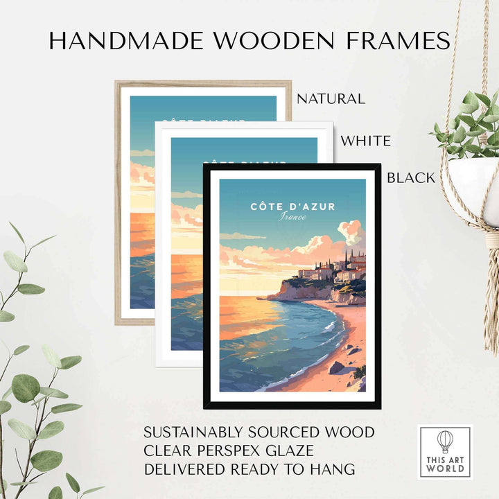 Côte d'Azur travel poster with handmade wooden frames in natural, white, and black finishes, showcasing vibrant French coast design.