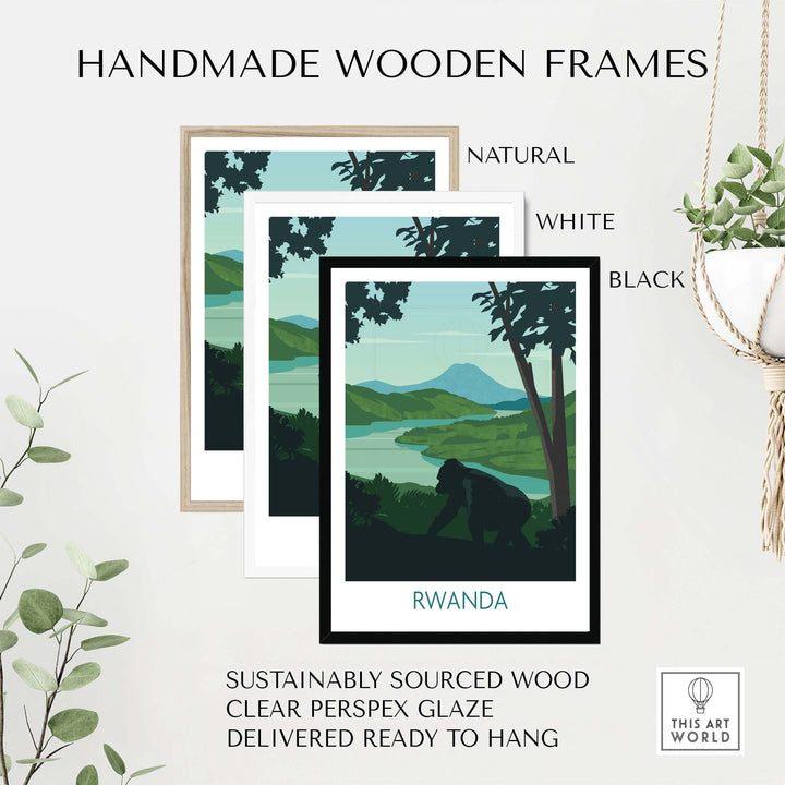 Handmade wooden frames for Rwanda Mountain Gorilla wall art in natural, white, and black colors, sustainably sourced.