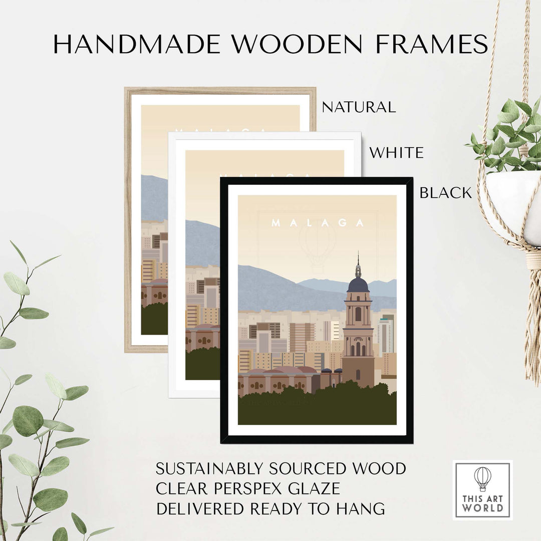 Malaga travel poster print displayed in handmade wooden frames in natural, white, and black finishes.
