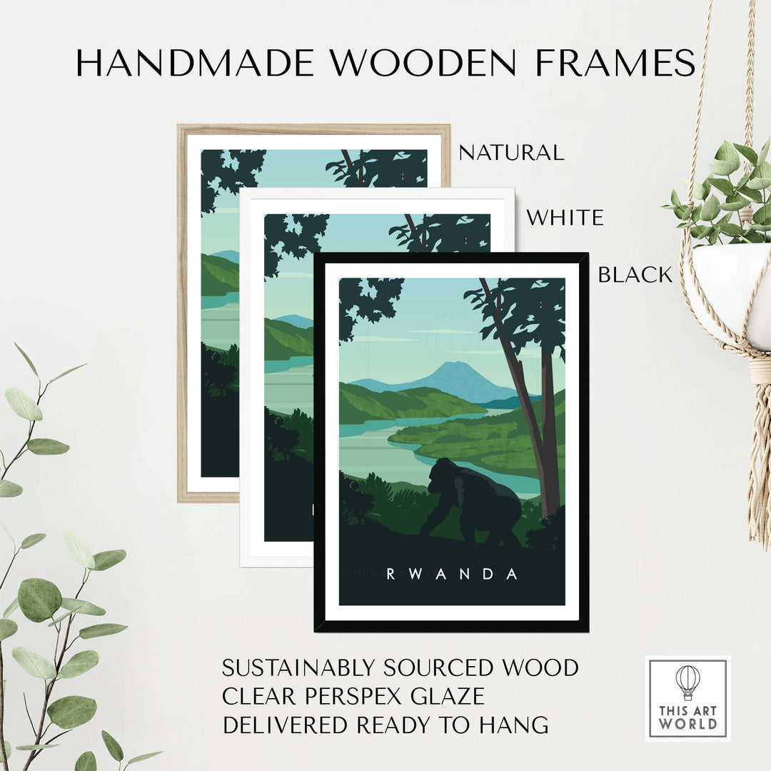 Rwanda travel poster prints in handmade wooden frames, featuring mountain gorillas and lush landscapes. Ready to hang decor.